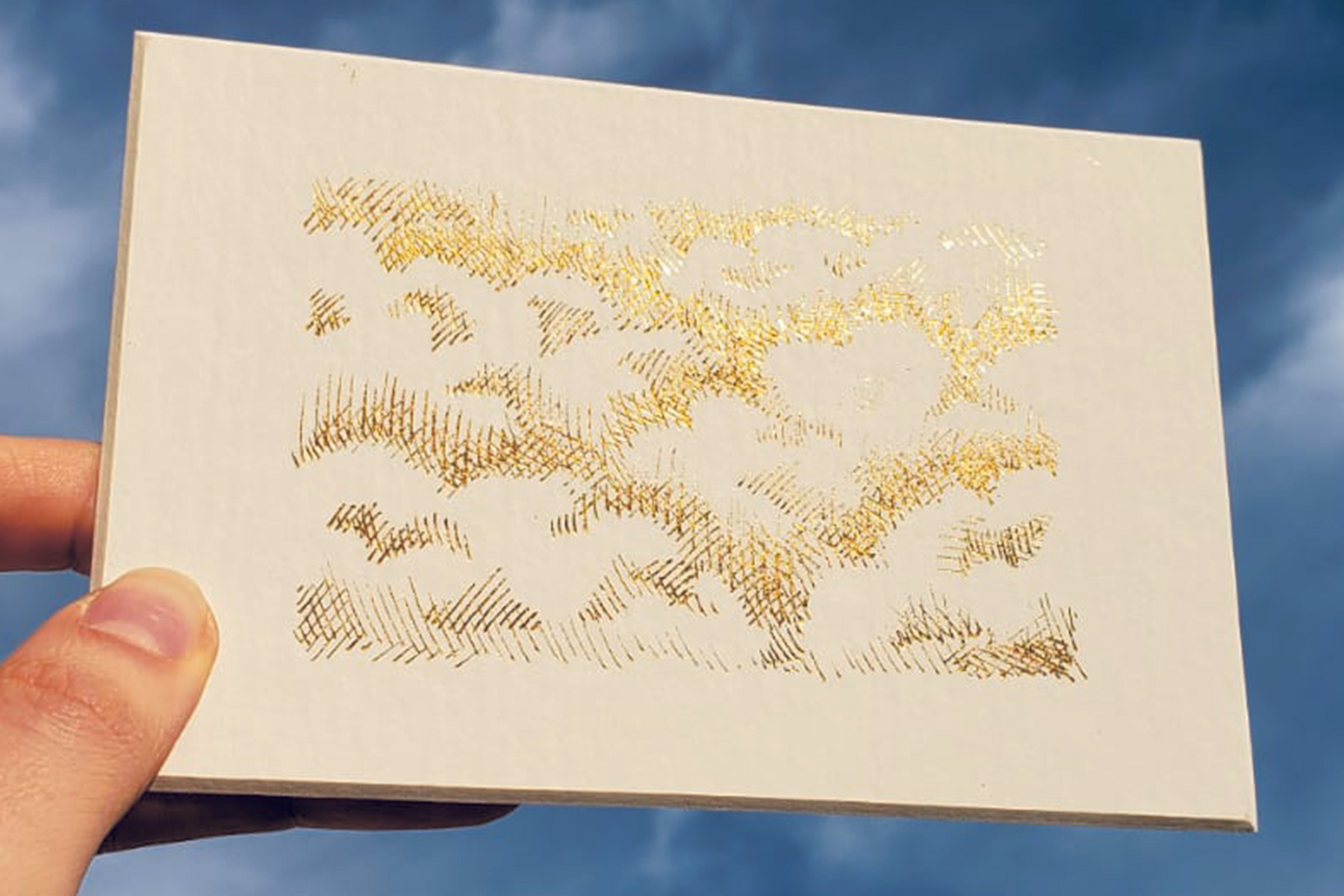 Golden Clouds II, hot stamping, metal on cardboard, 2024 – 7x11 cm - Inès de Chefdebien